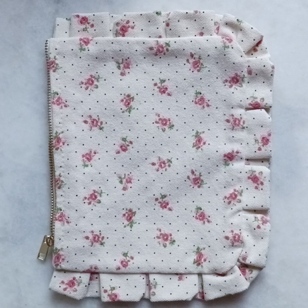 SEZANE FROUSFROUS CANVAS POUCH floral zippered ruffle bag cottagecore pi… - Picture 4 of 5